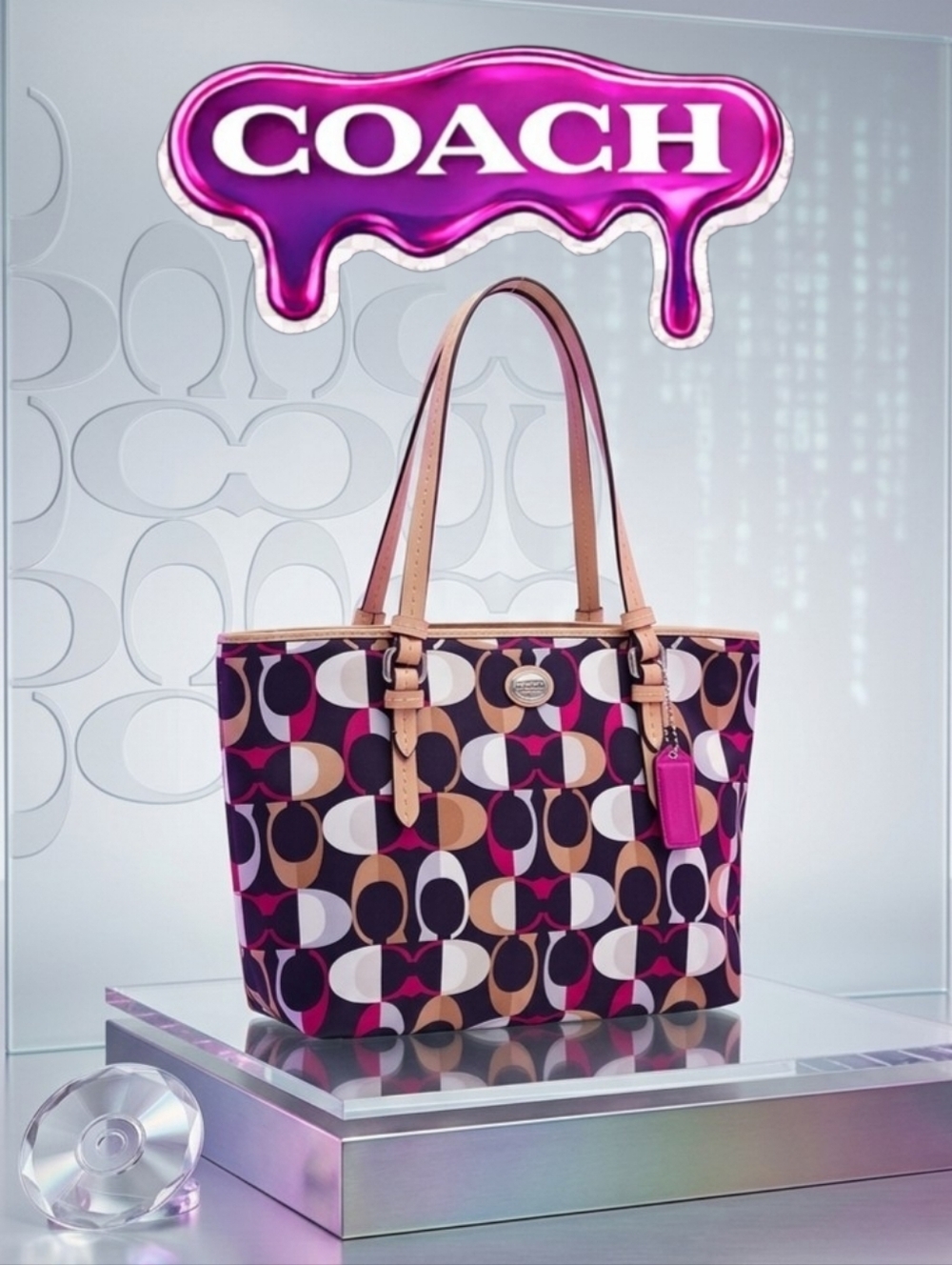 Coach Multicolor Signature Print Tote with Tan Leather Straps